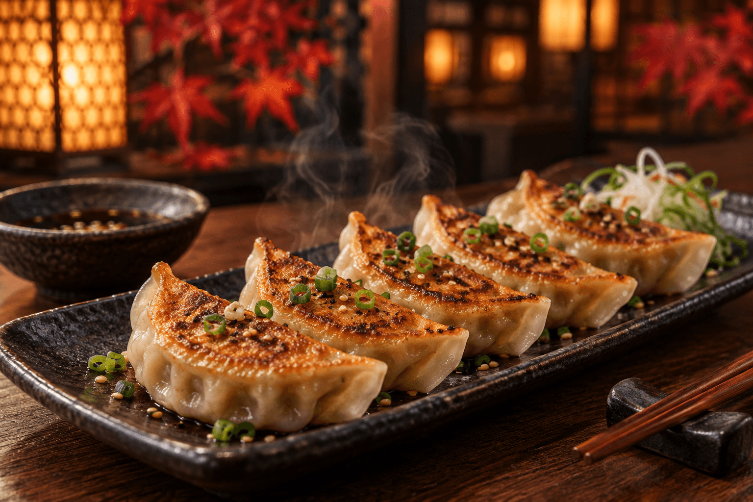 Concept plate of golden pan-fried Japanese dumplings