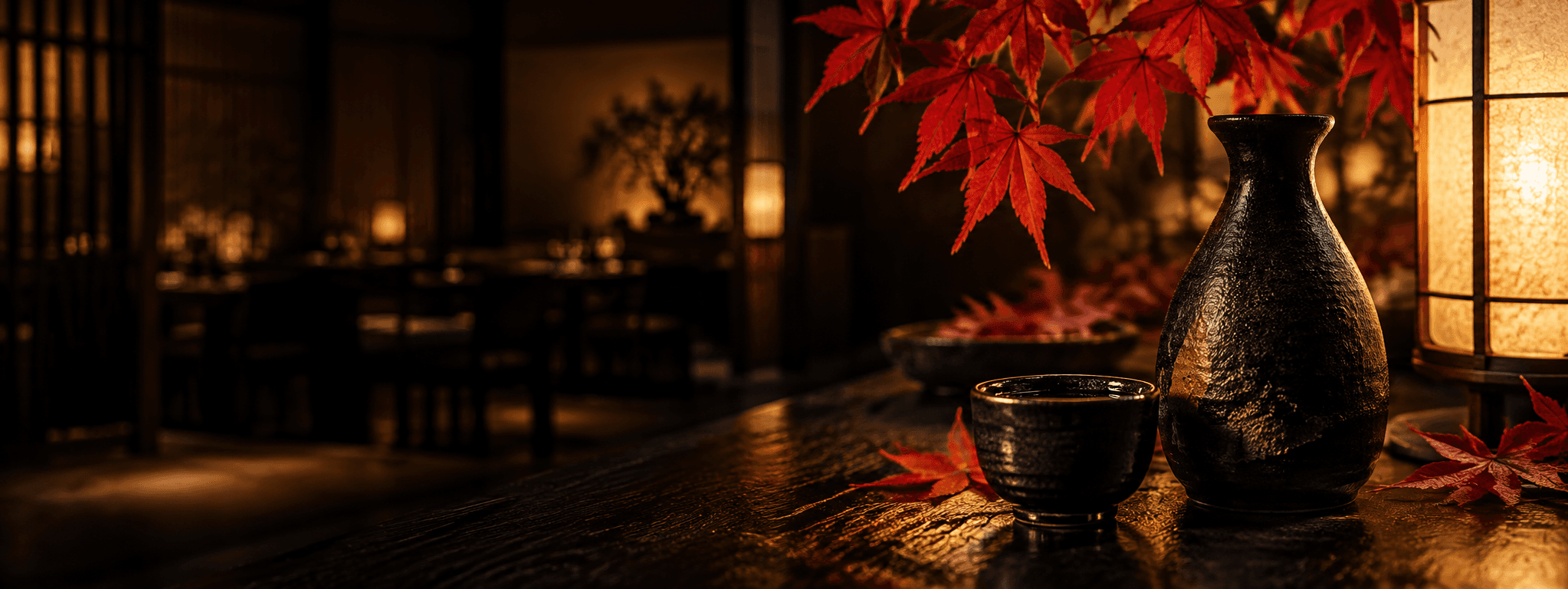 Concept ceramic sake bottle and cup beneath red maple leaves beside a lantern