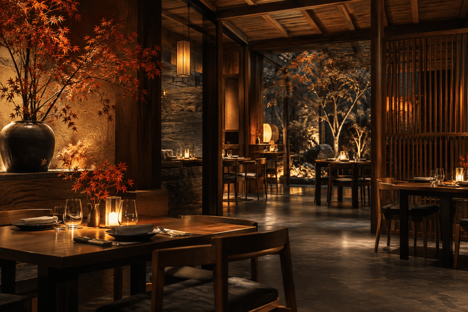 Concept dining room with warm lanterns and red maple foliage