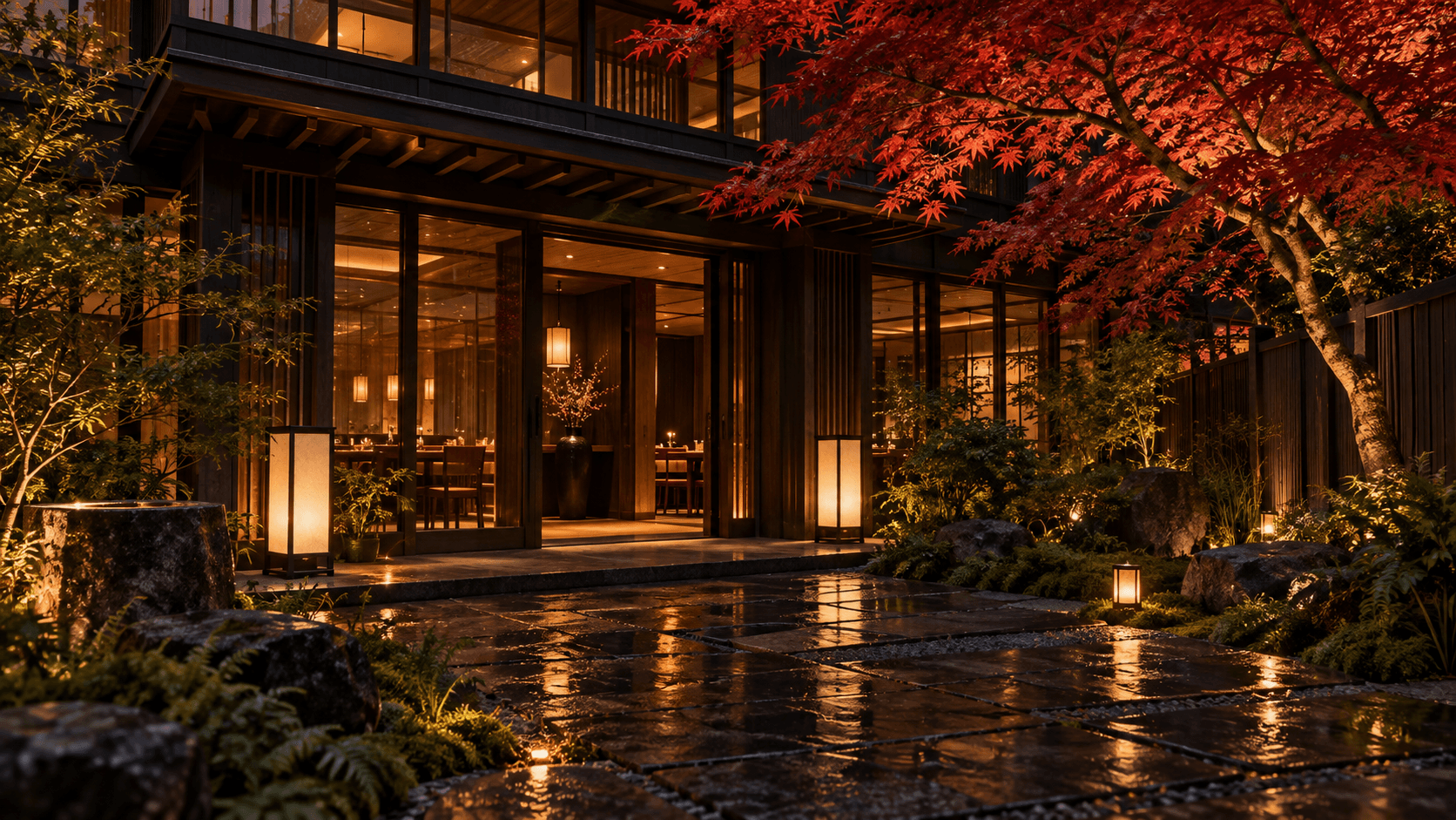 Concept image of a warmly lit restaurant entrance