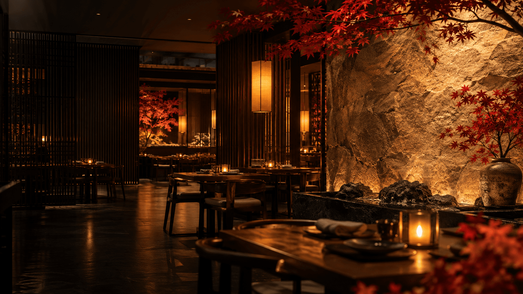 Concept dining room with warm lanterns and red maple foliage