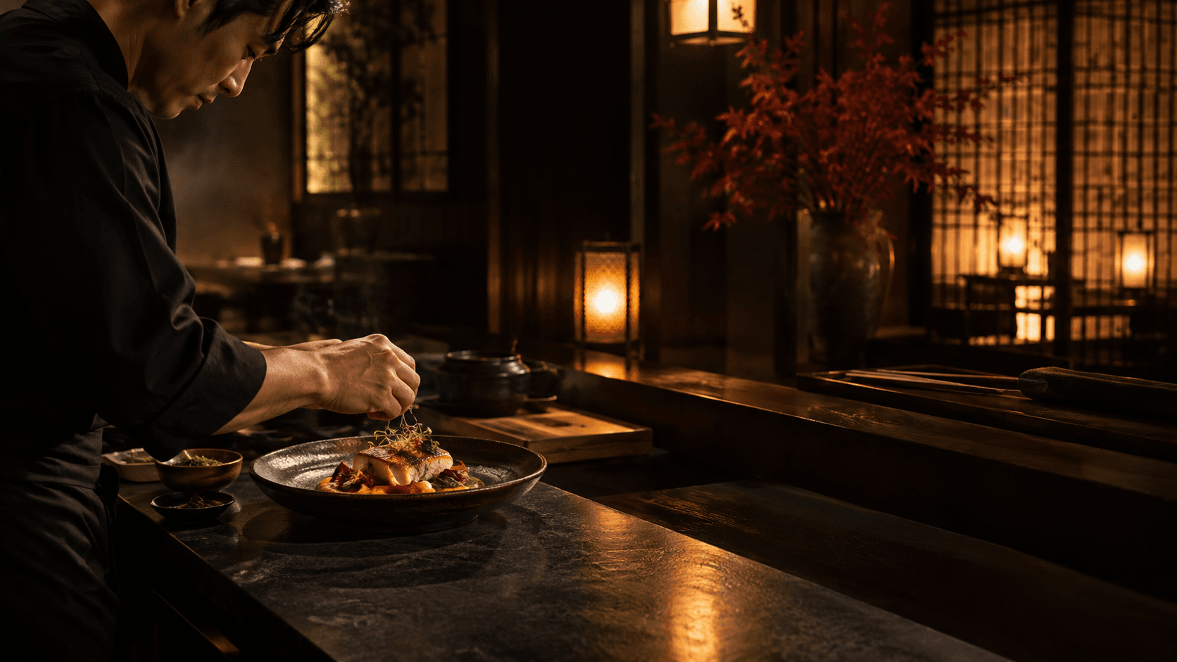 Concept image of a cook preparing a plate in warm light