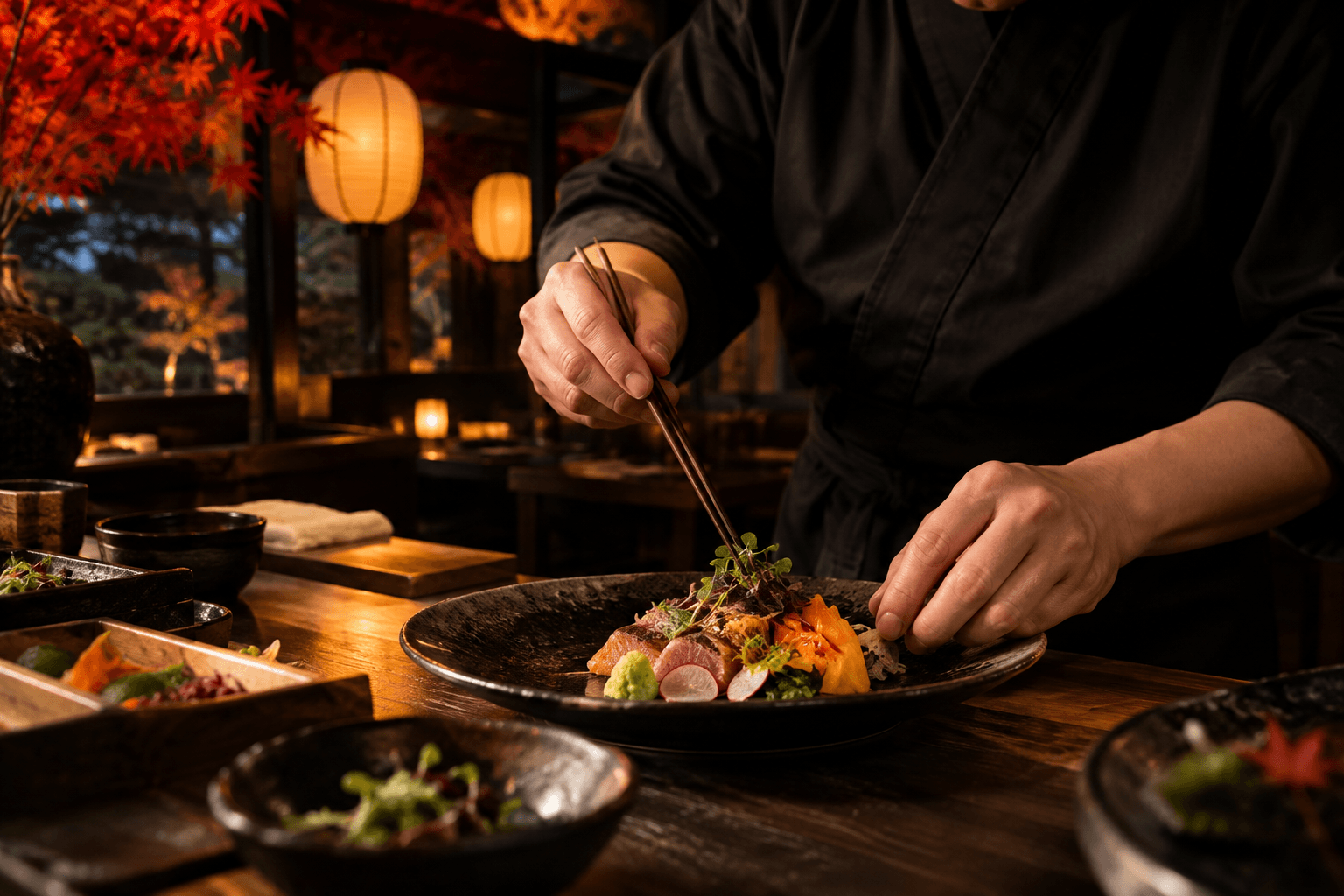 Concept photograph of hands carefully plating food