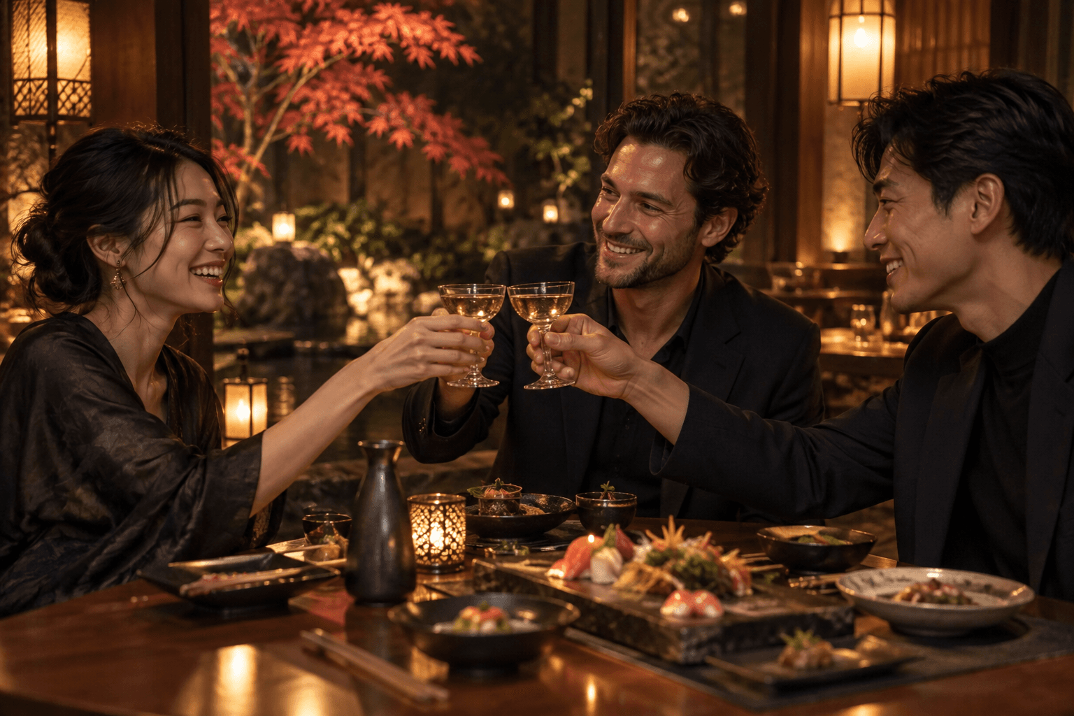 Concept group of friends sharing a meal and raising glasses