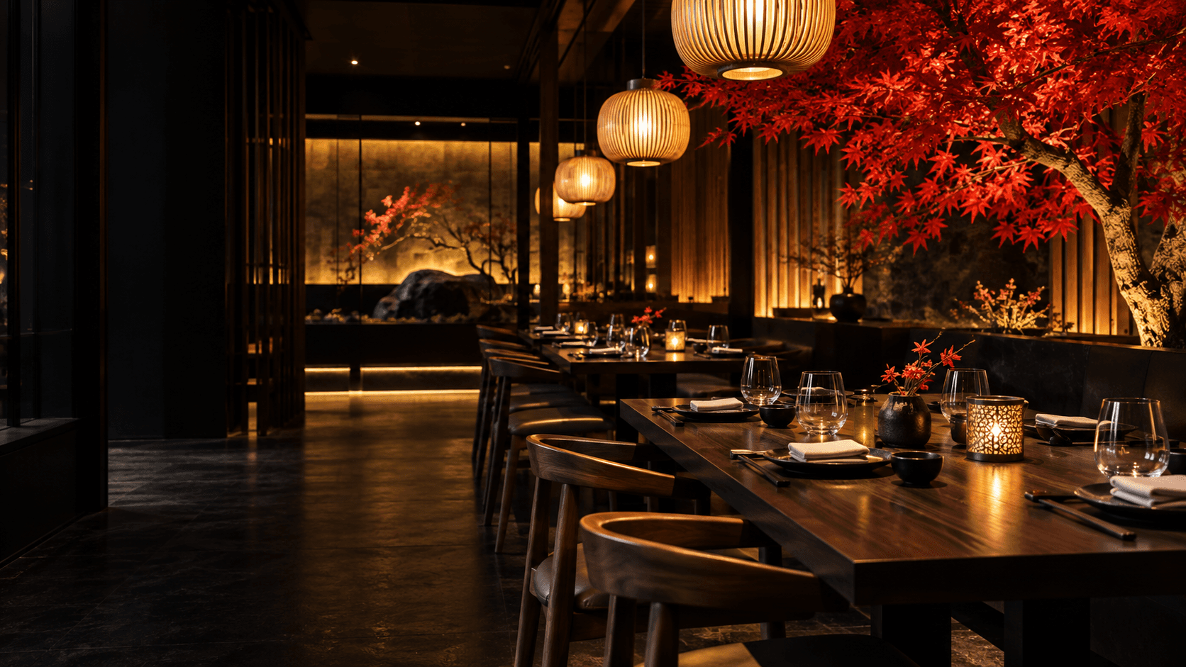 Concept image of a warmly lit Japanese-inspired dining room